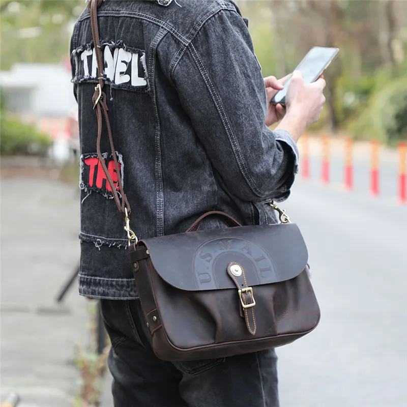 Vintage luxury crazy horse cowhide men's messenger bag handmade outdoor daily work natural genuine leather tablets shoulder bag