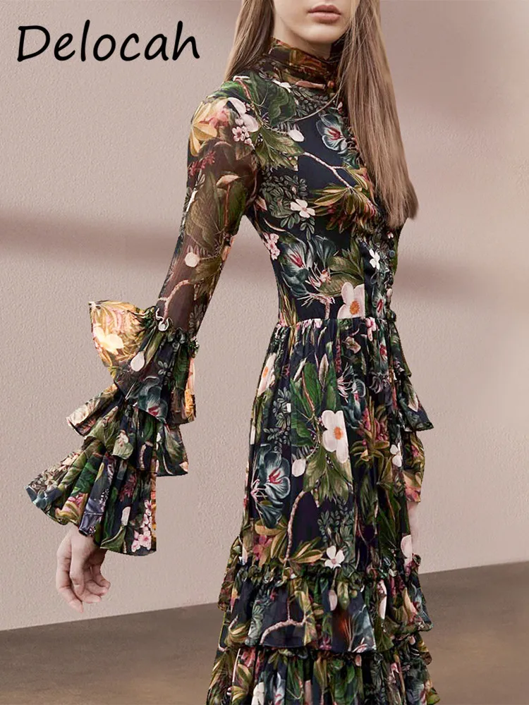 Делока французское винтажное платье с принтом юбка длинными рукавами и рюшами