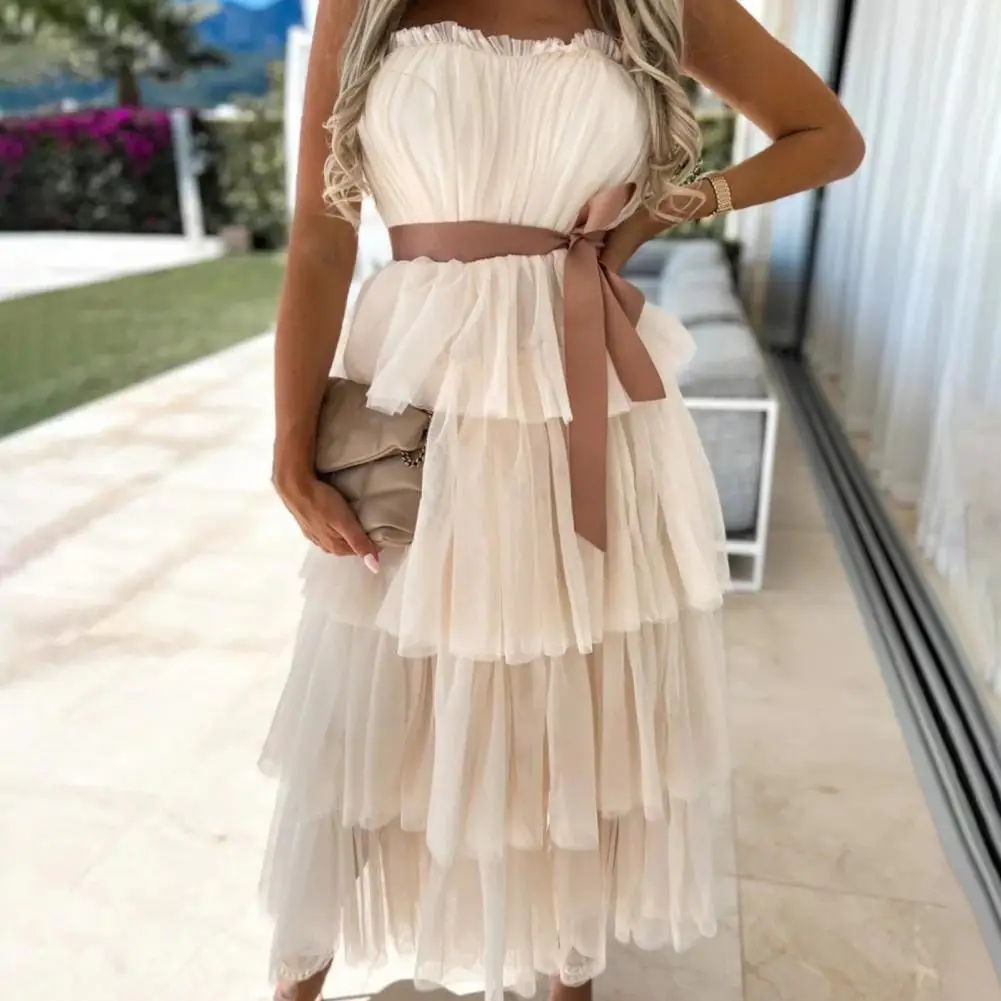 

Chest Wrap Strapless Belt Princess Dress for Women 2022 Elegant Off Shoulder Ruffle Layer Hem Midi Cress Ladies Clothing