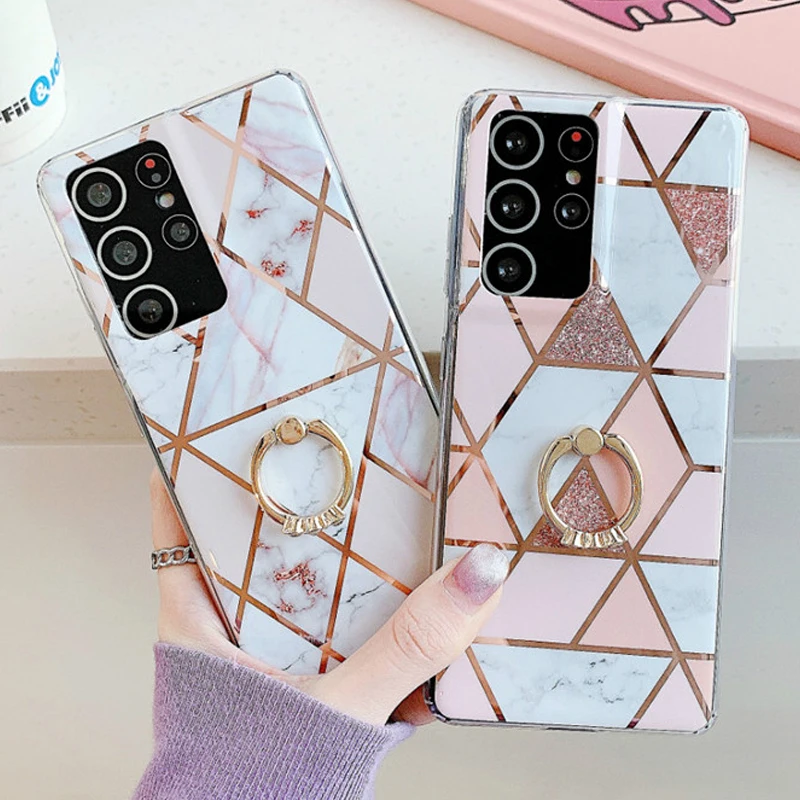 

Electroplated Geometric Splicing Marble Pattern Phone Case for IPhone 13 Pro Max 12 Mini 11 XR X SE 2020 8Plus Ring Holder Cover