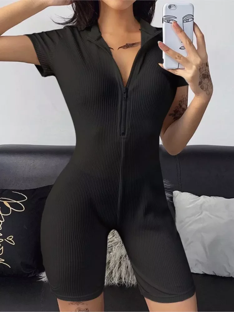 

New in 2022 White Sexy Zipper Romper Bodysuit Shorts Short Sleeve Female Jumpsuit Women Club Clothes ​Streetwear Overalls For