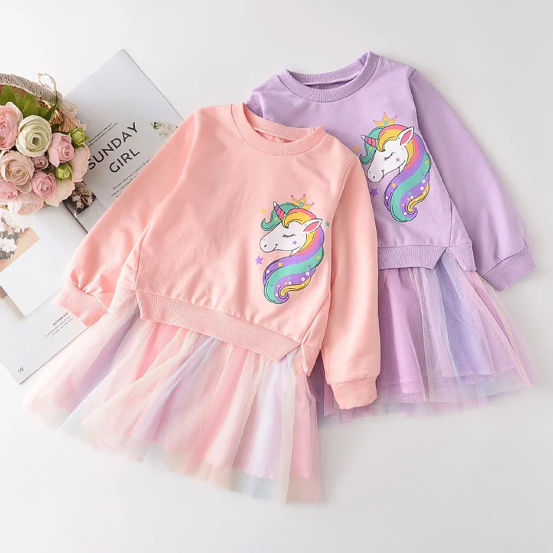 

Unicorn Princess Dress Girls Autumn Spring Kids Cute Cartoon Patchwork Mesh Dresses Sweet Baby Girl Birthday Party Clothes 3-7Y