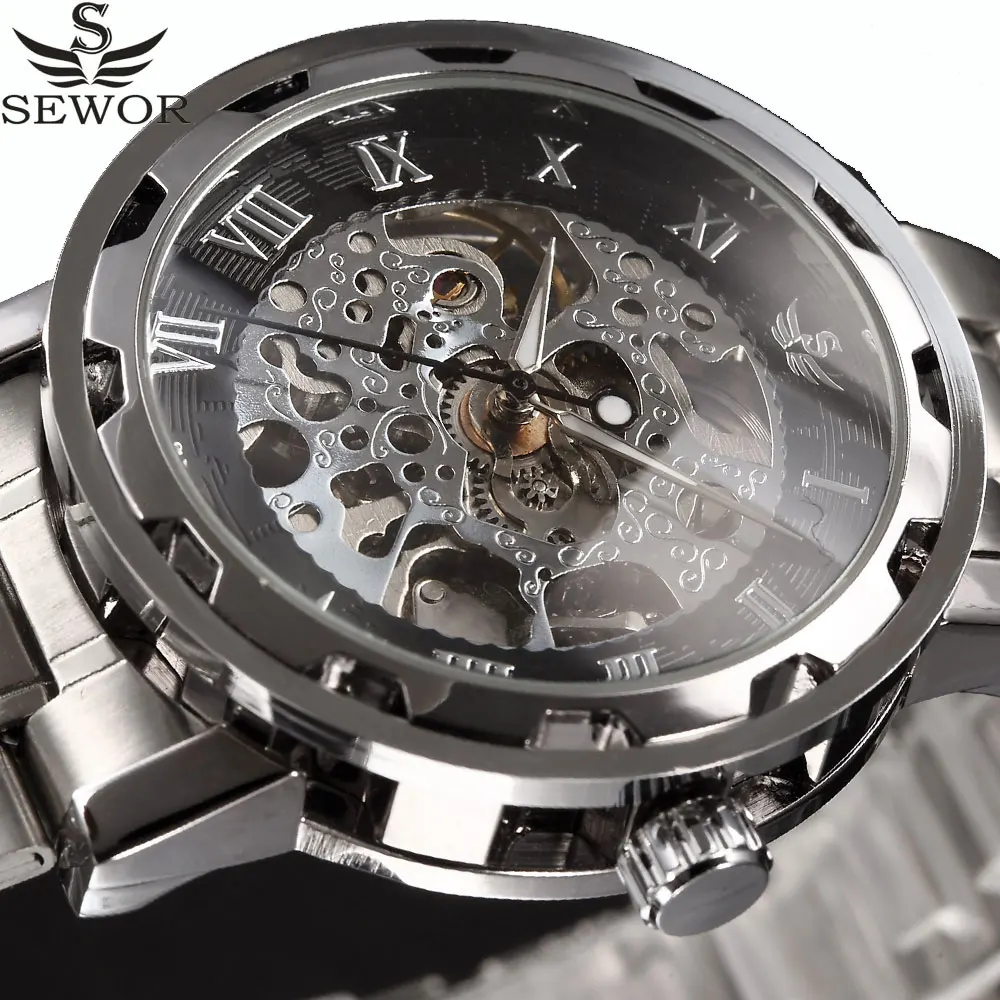 Часы-скелетоны Мужские механические со стальным браслетом, классические Часы-скелетоны Мужские механические со стальным браслетом, классические