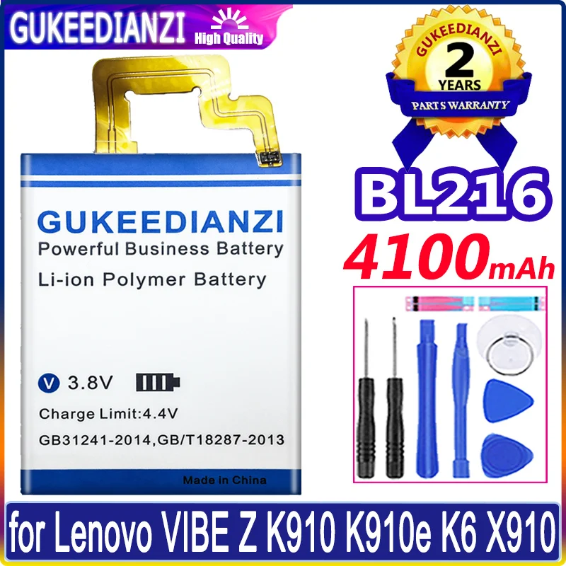 

New High Quality Phone Battery 4100mAh Batterie BL216 BL 216 For Lenovo K910 VIBE Z K910E Bateria Warranty 1 Year + Tool Kits