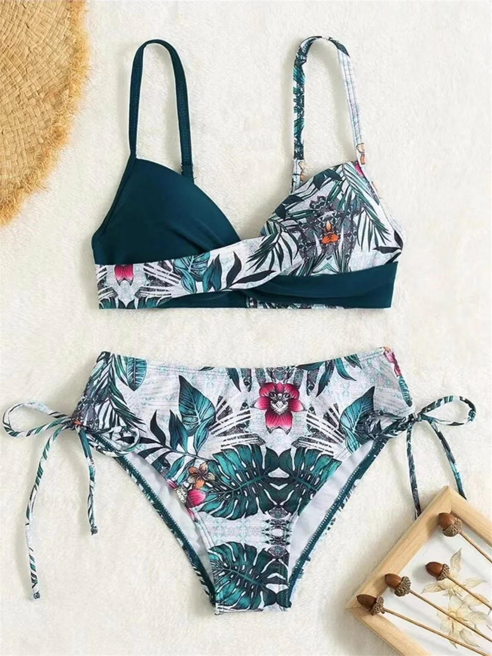 Винтажный комплект бикини с принтом бюстгальтер пуш-ап купальник цветочным