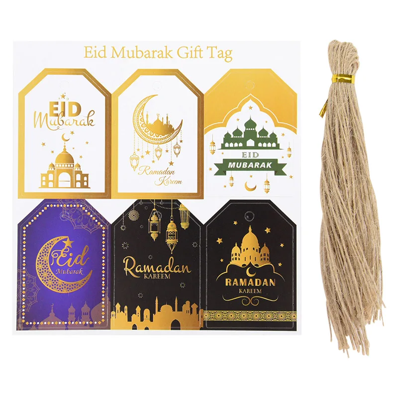 

48pcs Eid Mubarak Gift Tags with hemp ropes Ramadan Kareem Decoration Paper Hang Tag Labels for Muslim Islamic Eid Al-Fitr Decor