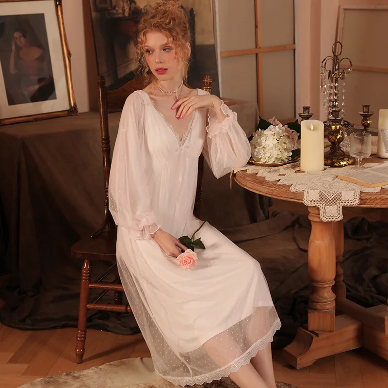 Women's Retro Court Style Elegant Chic Wave Point Gauze Modal Lining with Removable Chest Pad Nightgowns Sleepshirts Sleepwear