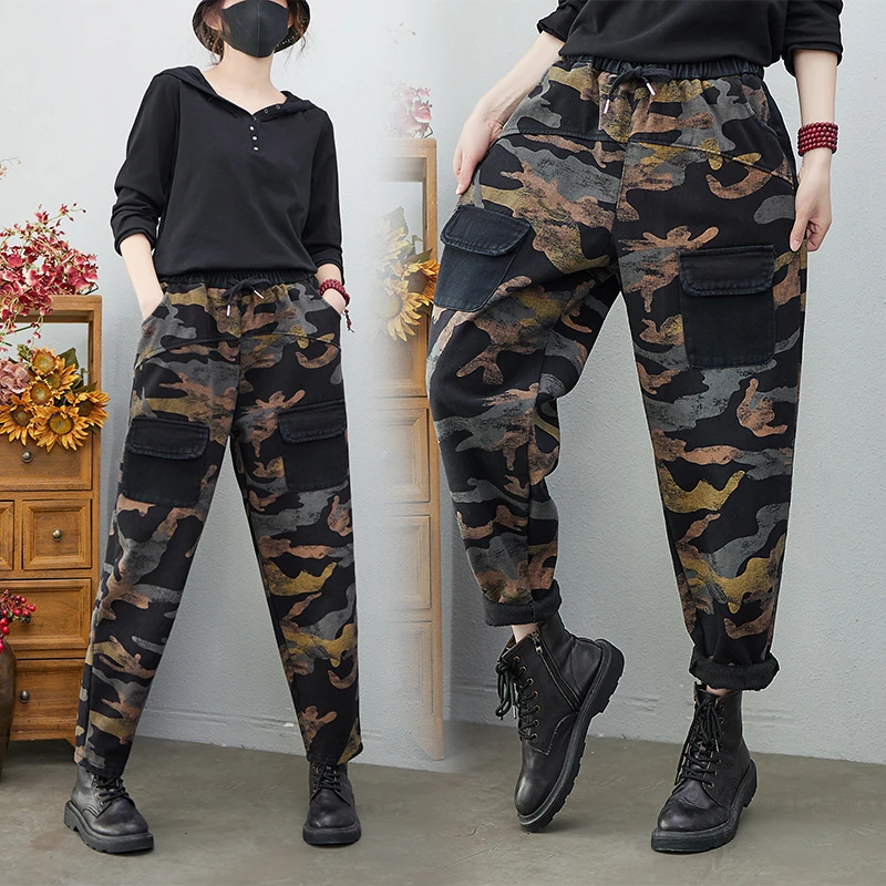 New Arrival 2022 Spring Arts Style Women Elastic Waist Camouflage Print Loose Jeans Double Pocket Cotton Denim Harem Pants V921 |