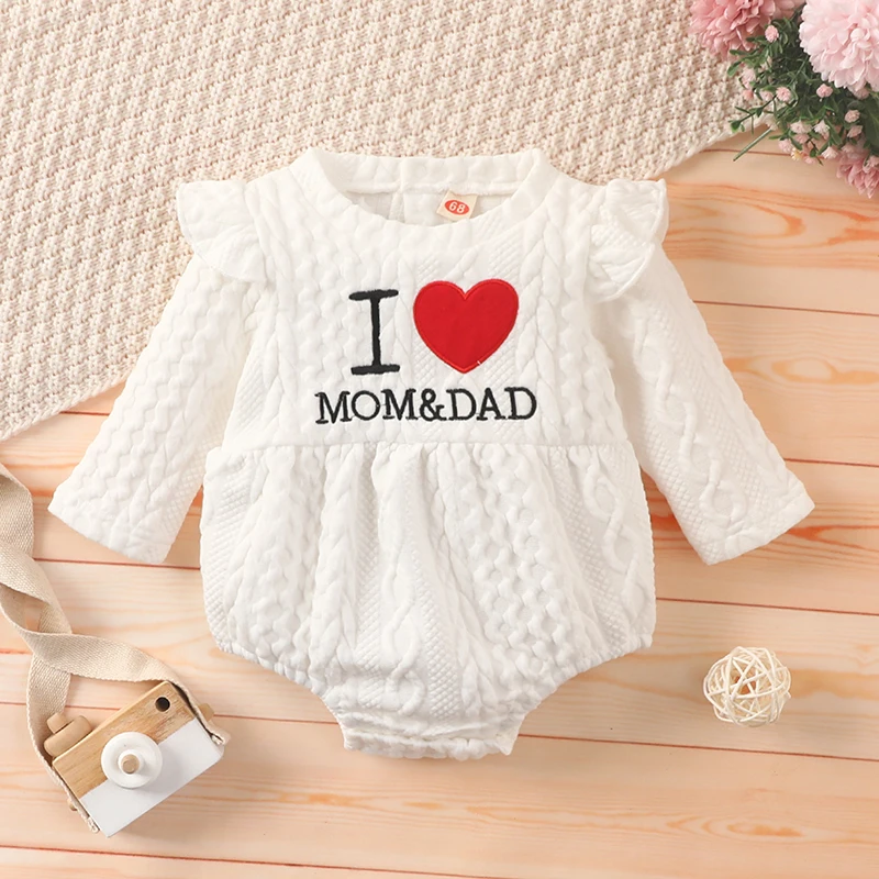 

Newborn Infant Baby Girls Romper Fly Long Sleeve Letter Heart Embroidery Bodysuit Spring Autumn Clothing for 3-24Month