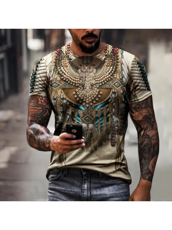 

2023 Summer Men's Printed Casual Crew Neck Short Sleeve T-Shirt Vintage Native 3D Printed T Shirt