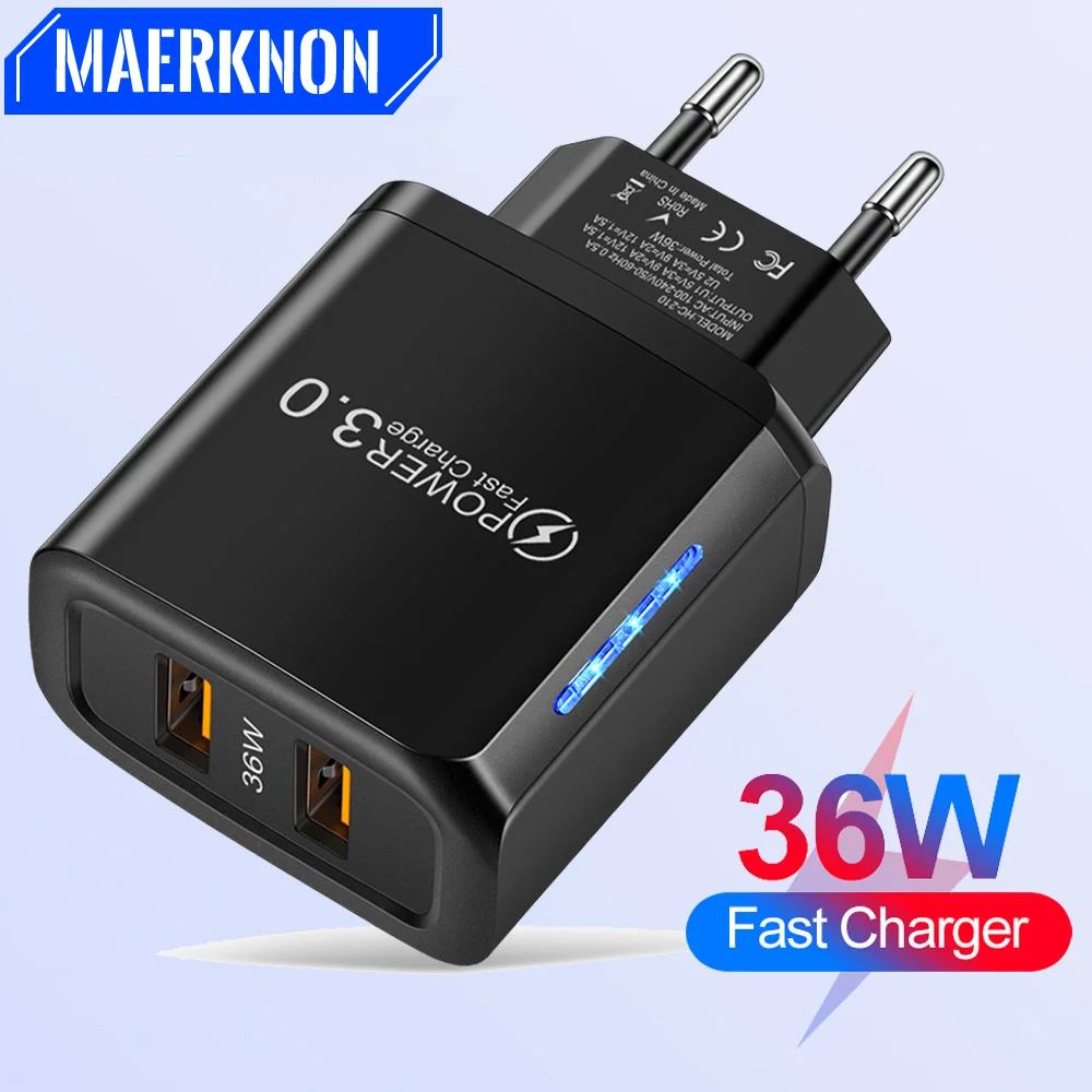 

36W USB Charger Dual Port Fast Charging LED Mobile Phone Charger Power Adapter EU/US Plug For Samsung Xiaomi mi12 Huawei Iphone
