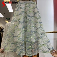 heavy industry wave pattern sequined fairy gauze skirt 2022 spring summer new cover fresh umbrella skirt a line long skirts