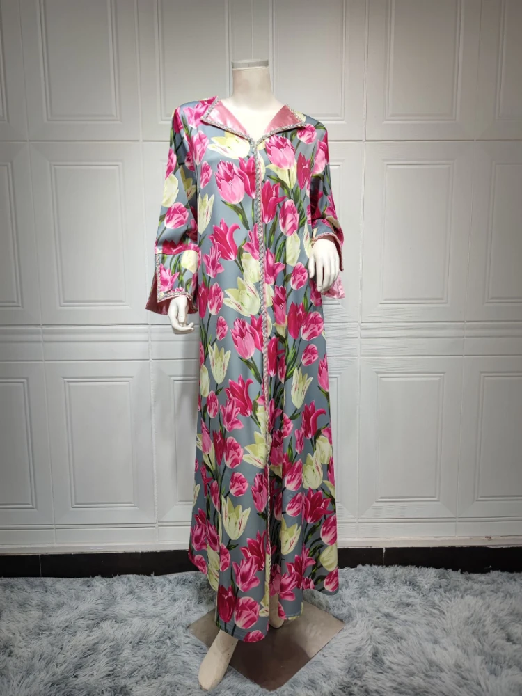 Sweet Tulip Print Long Dress for Women Chic Twists Rhinestone Lapel Long Sleeve Muslim Abaya Moroccan Jalabiya Eid 2023