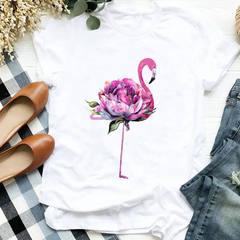 

Women Lady 90s Watercolor Cartoon Flamingo Beach Floral Print T Tee Womens Tshirt Nice Shirt Pretty Top Graphic T-shirt