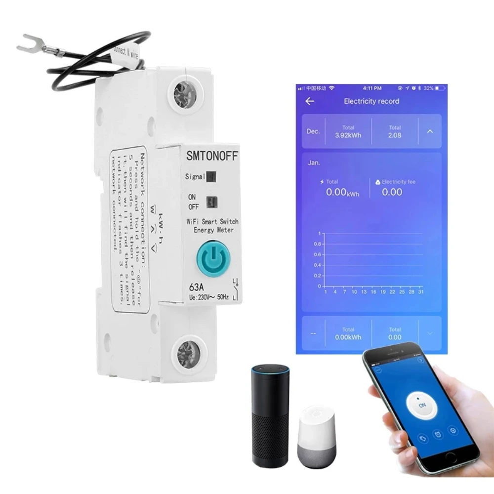 

1P 63A eWelink Single phase Din rail WIFI Smart Energy Meter Power Consumption kWh Meter wattmeter with Alexa for Smart home