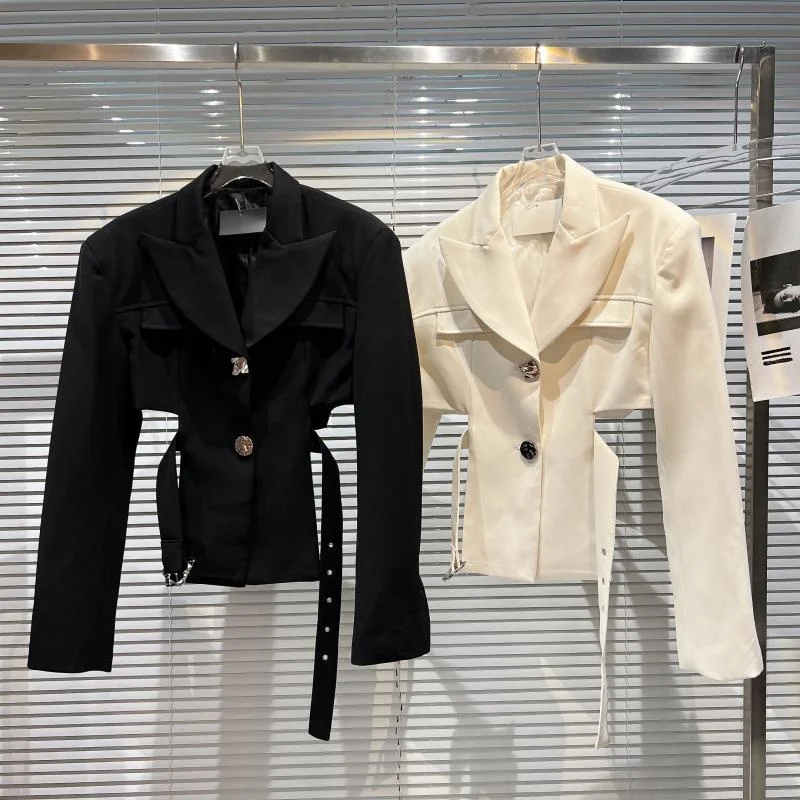 

Metal Buckle Irregular Hem Belted Crop Blazer Black Beige Spring Summer Women Coat