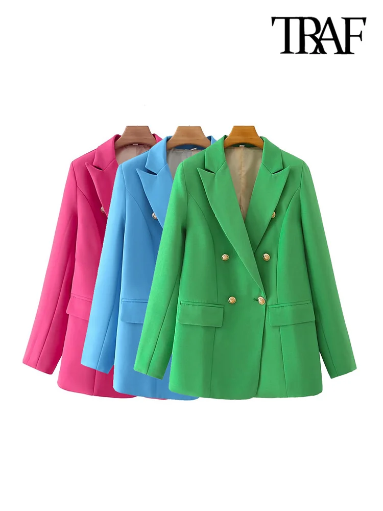 

TRAF Women Fashion Double Breasted Candy Color Blazer Coat Vintage Long Sleeve Flap Pockets Female Outerwear Chic Veste