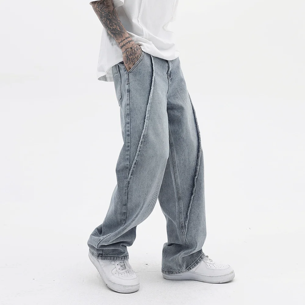 

Irregular Striped Washed New Retro Wide Leg Jeans Pants Men and Women Vibe Style Straight Hip Hop Loose Denim Trouser Light Blue
