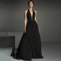 2022 latest black chiffon halter prom dresses for womens sleeveless sexy backless formal evening gowns with belt custom made