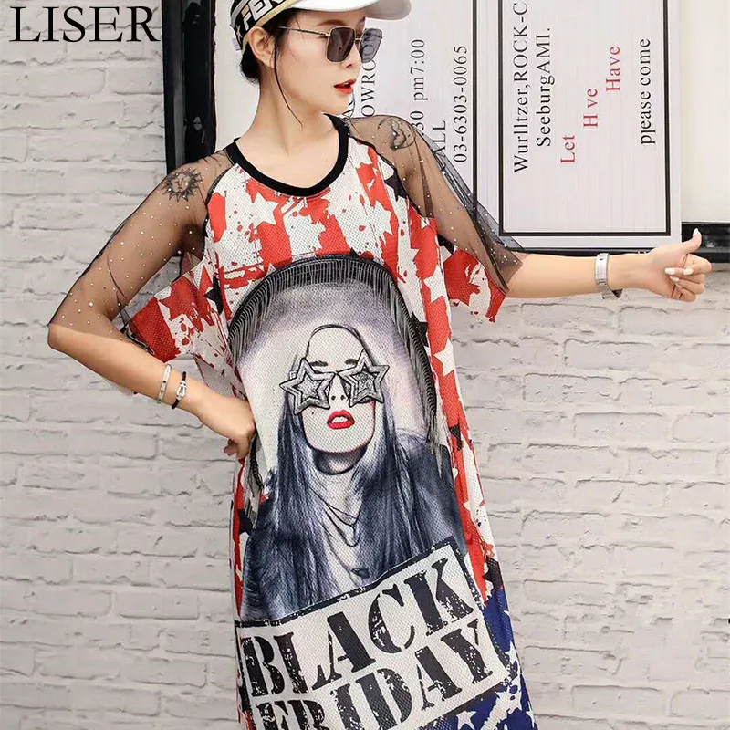 

Женское платье-футболка до колен, свободное Сетчатое платье с круглым вырезом и коротким рукавом, модель 2022 на лето, 1081