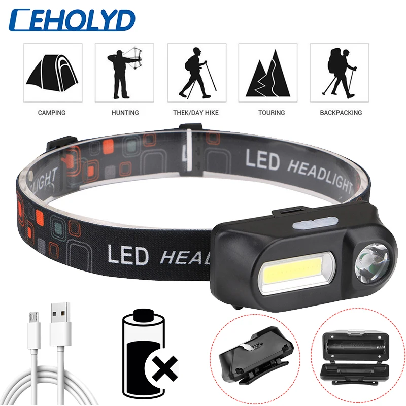

CEHOLYD LED Mini Headlamp Outdoor Camping Portable Headlights XPE+COB USB Charging Fishing Light Power For 18650 battery