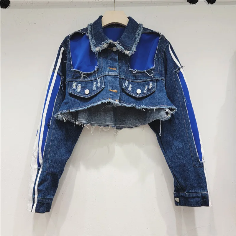 

Vintage Washed Blue Patchwork Striped Long Sleeve Hole Denim Jacket Women Spring Autumn Casual Short Jean Coat Jaquetas Feminina