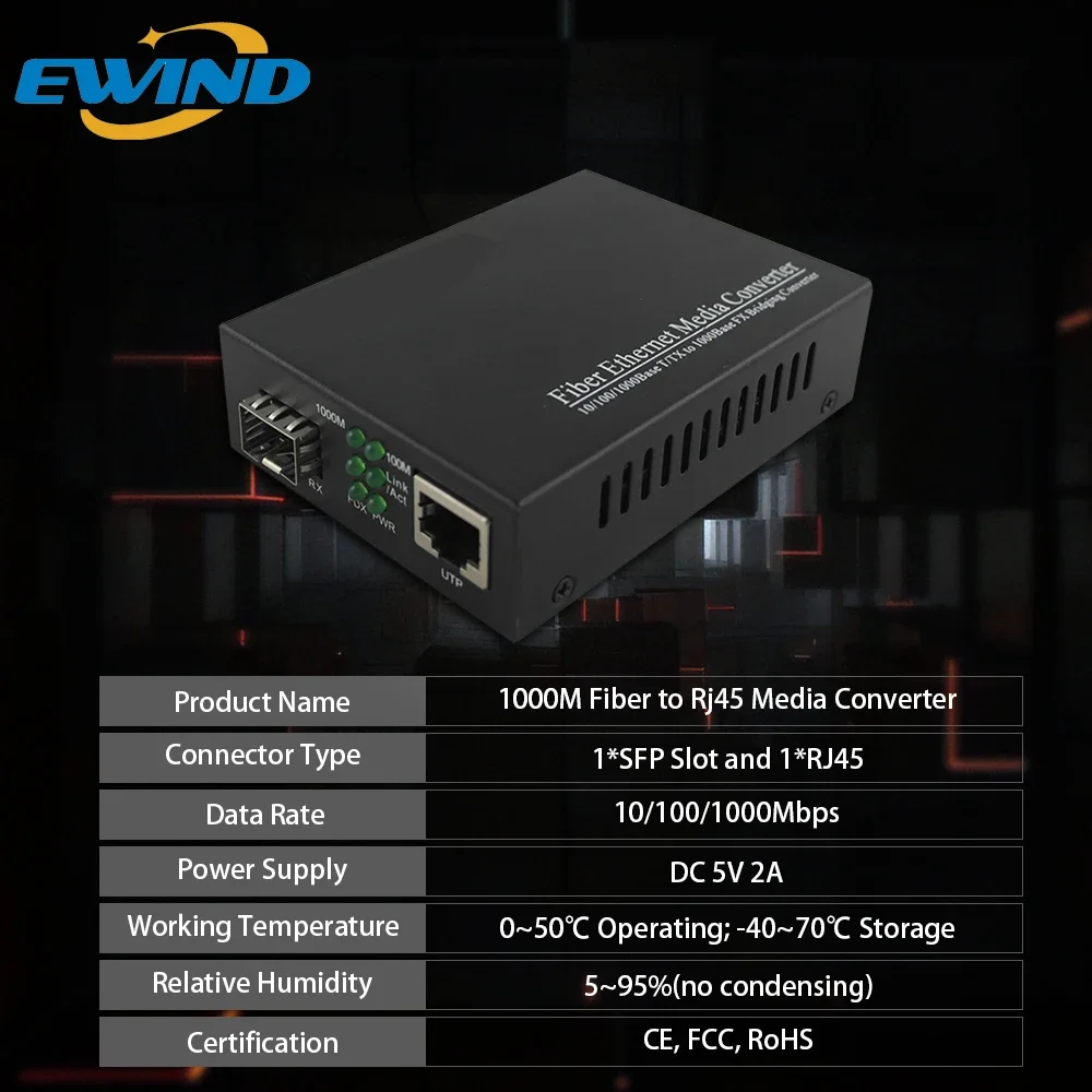 Медиаконвертер EWIND Gigabit SFP Fiber на Rj45 1000 Мбит/с волоконно-оптический переключатель с