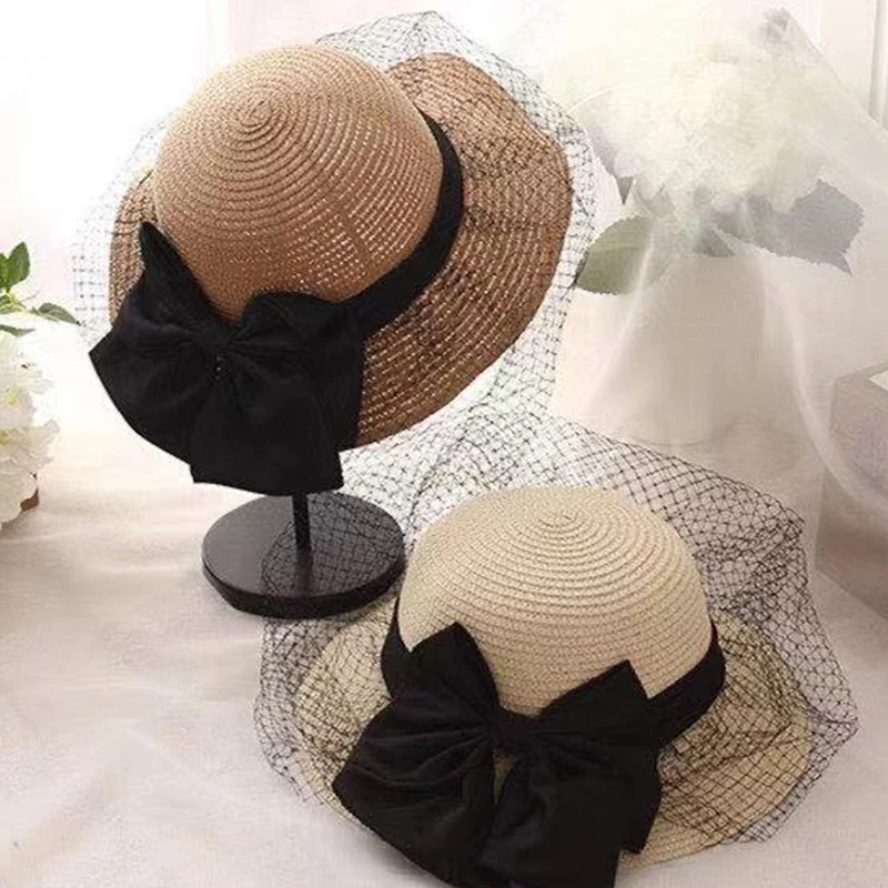 

Summer Women Straw Hat Big Bow Mesh Breathable Beach Cap Outdoor Vacation Leisure Sunscreen Hats Panama Wide Brim Sun Hats