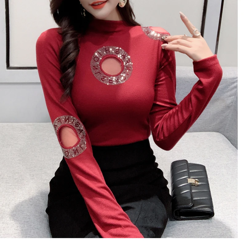 

Горячая Распродажа, полый корейский вариант, полуводолазка, Женская Осенняя Удобная трикотажная модная Универсальная футболка с длинными ...