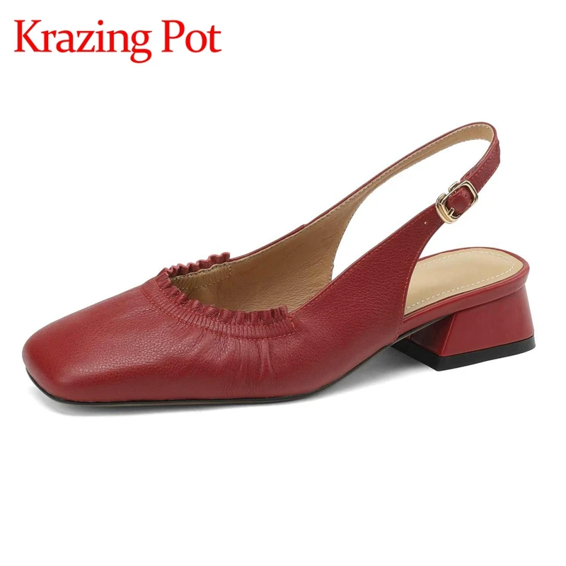 

Krazing Pot Big Size Full Grain Leather Square Toe Med Heel Slingbacks Korean Style Beauty Lady Dating Shallow Women Pumps L51