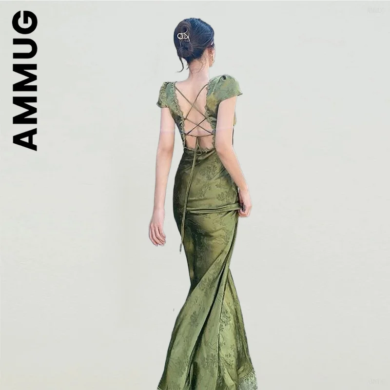 

Ammug Dress Women New Simple Green V-Neck Satin Jacquard Dress Holiday Outfits Lazy Elegant Female Women Clothing Vestidos