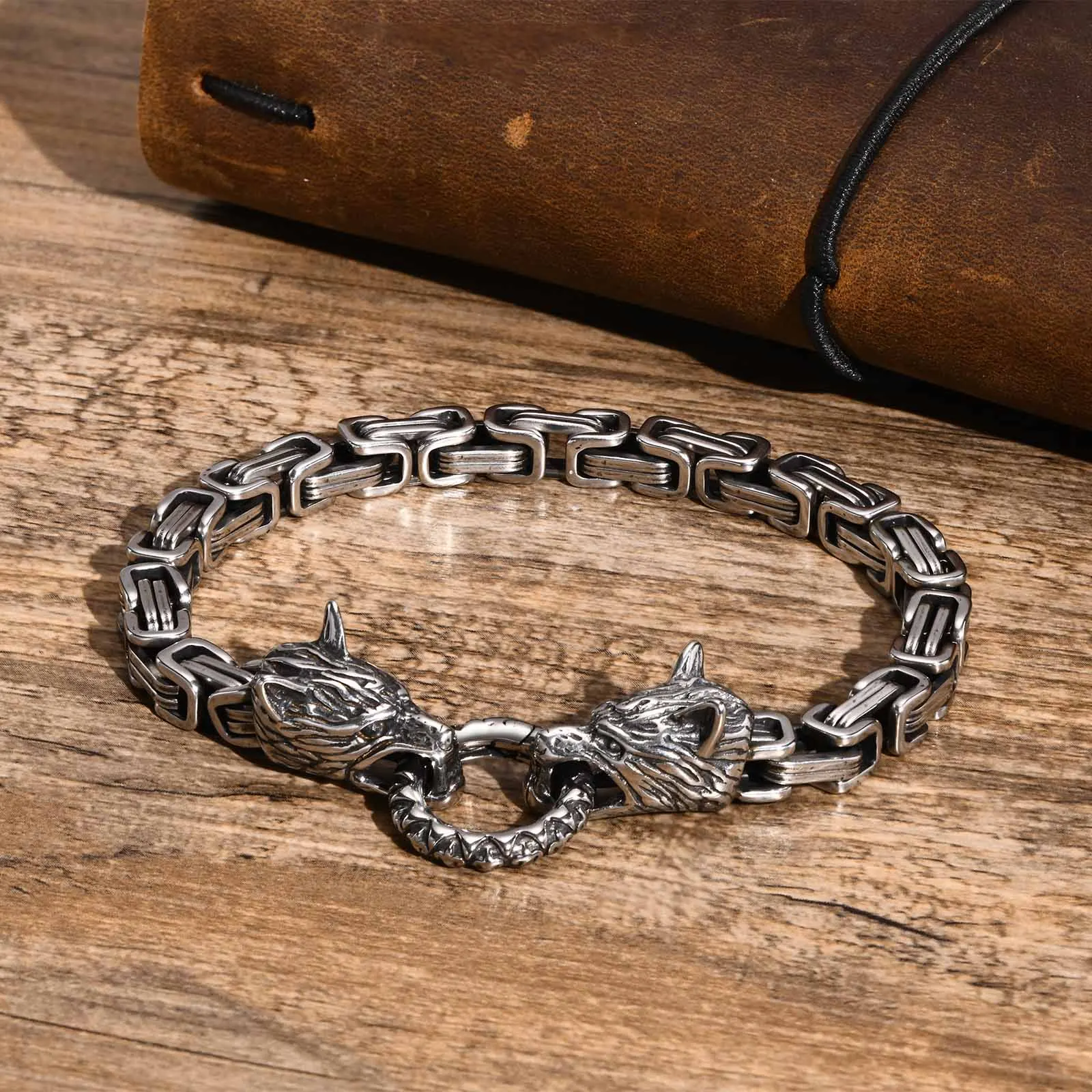 

Double Wolf Head Charm Chain Bracelets for Men, Rock Punk 6MM Wide Byzantine Link Wristband, Cool Gothic Viking Gift Jewelry