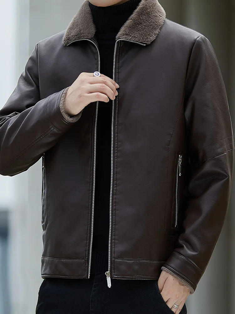 Кожаная мужская куртка-бомбер флисовые черные мотоциклетные куртки в стиле