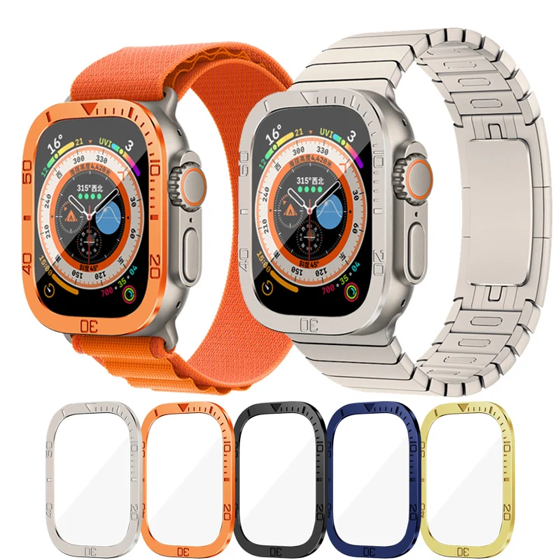 Alloy Dial Bezel Bumper Transparent Cover For Apple Watch Ultra 49mm 9H Tempered Glass Metal Screen Protector HD Full Film