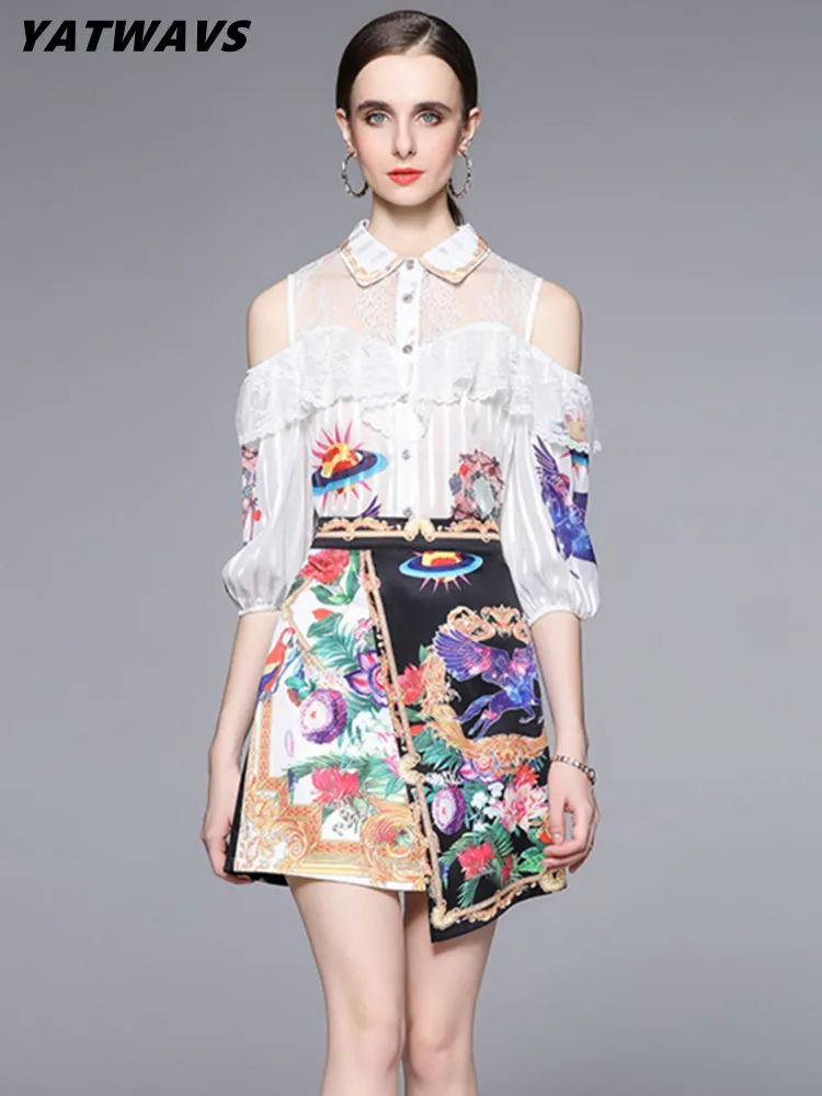 

New Women Vintage Suit Designer Lapel Ruffles Lace Stitching Floral Print Shirt+Fashion Irregular Mini Skirts Spring 2 Piece Set