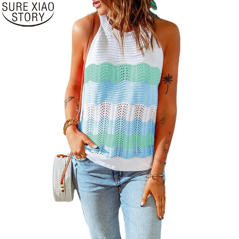 

Женский трикотажный топ в полоску, Элегантная Модная однотонная эластичная майка с открытыми плечами и круглым вырезом, лето 2022