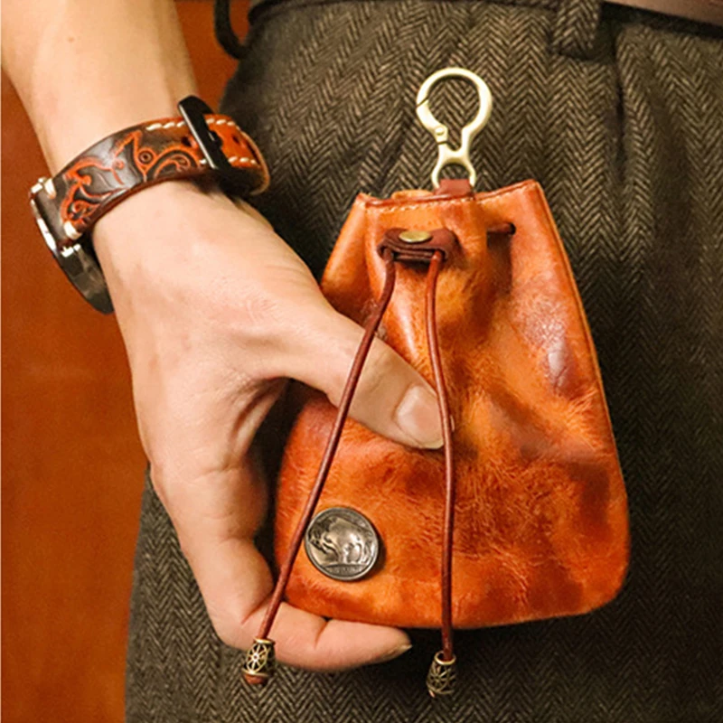 Original Leather Men Coin Purse Drawstring Design Vintage Leather Pocket for Cigarette Shreds Waist Hanging Key Organizer Wallet