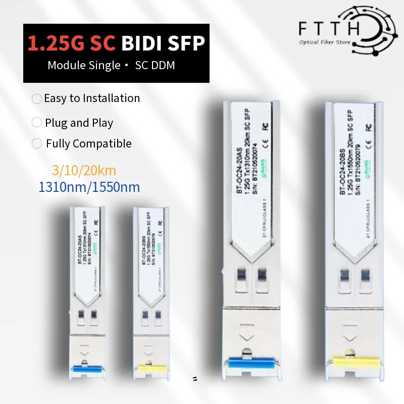 Фото Модуль SC Bidi SFP 1,25G Tx1310nm/Rx1550nm 3 км/10 км/20 км Mini GBIC WDM SFP оптоволоконный модуль приемопередатчика для Cisco/Mikrotik №1