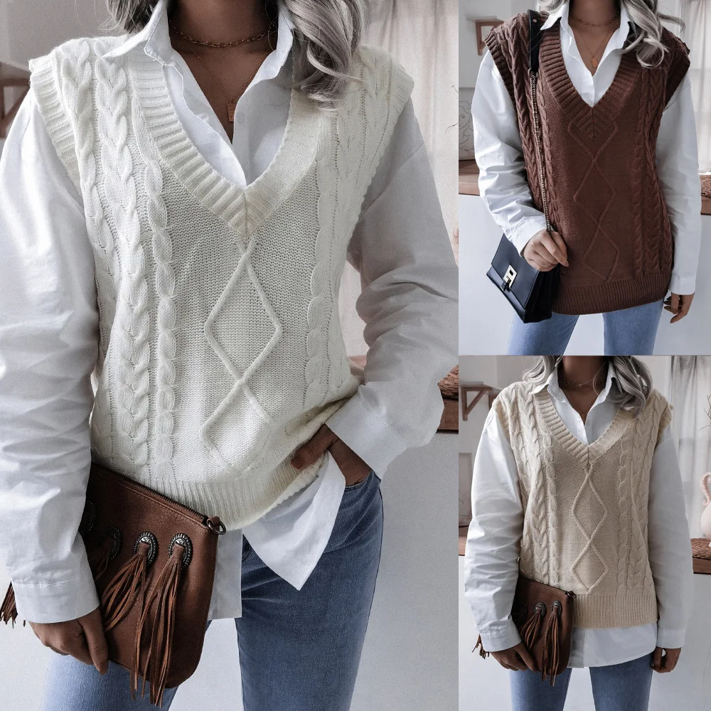 

V Neck Simple Argyle Sweater Tank Top Women's Sleeveless Solid Color Knit Sweater Casual Fall Preppy Style 2022 Top