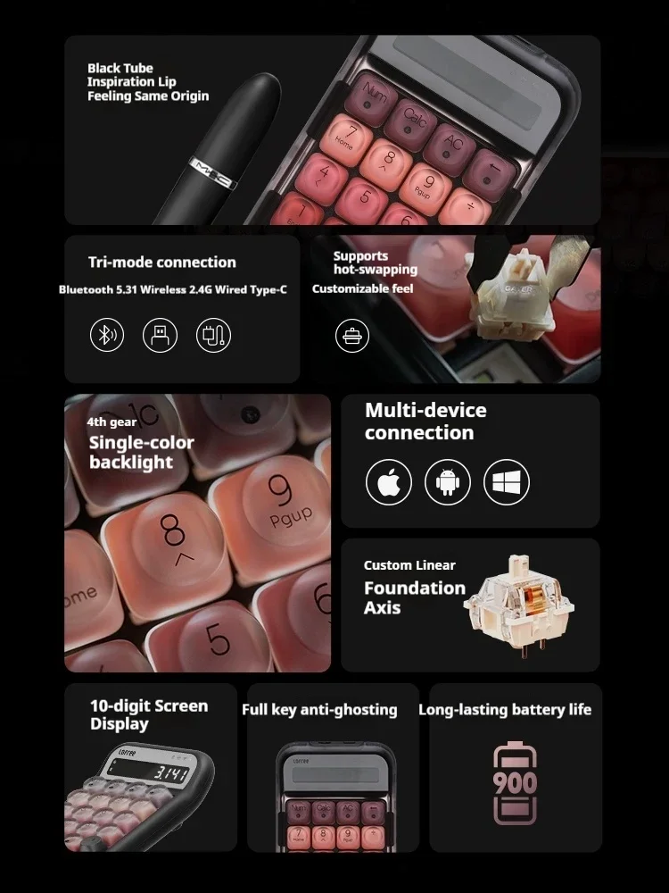 Фото Lofree Lipstick Беспроводная Bluetooth Механическая цифровая клавиатура Высокий внешний вид Компьютерный внешний калькулятор Новый продукт №4