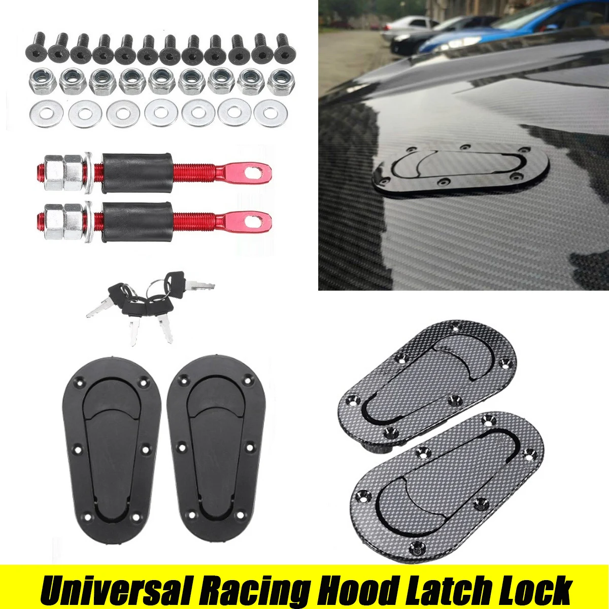 Black Universal Racing Car Hood Pin Engine Bonnet Latch Lock Mount Kit Refitting w/ Keys Car Accessories Safety Protection