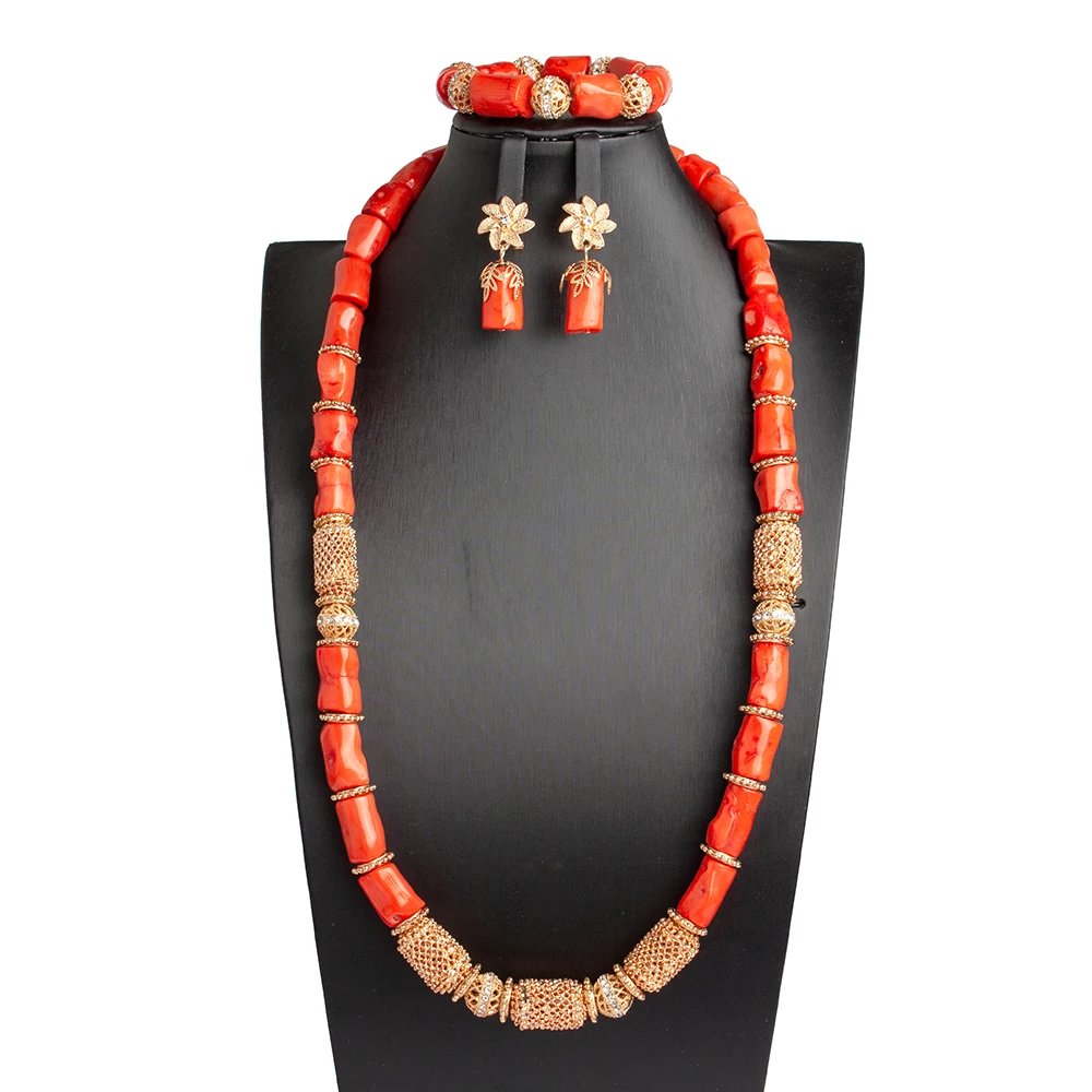 Handmade Natural Coral Jewelry New Nigeria Coral Beads Jewelry Set African Coral Beads Bridal Jewelry Sets Free ShippingABG084