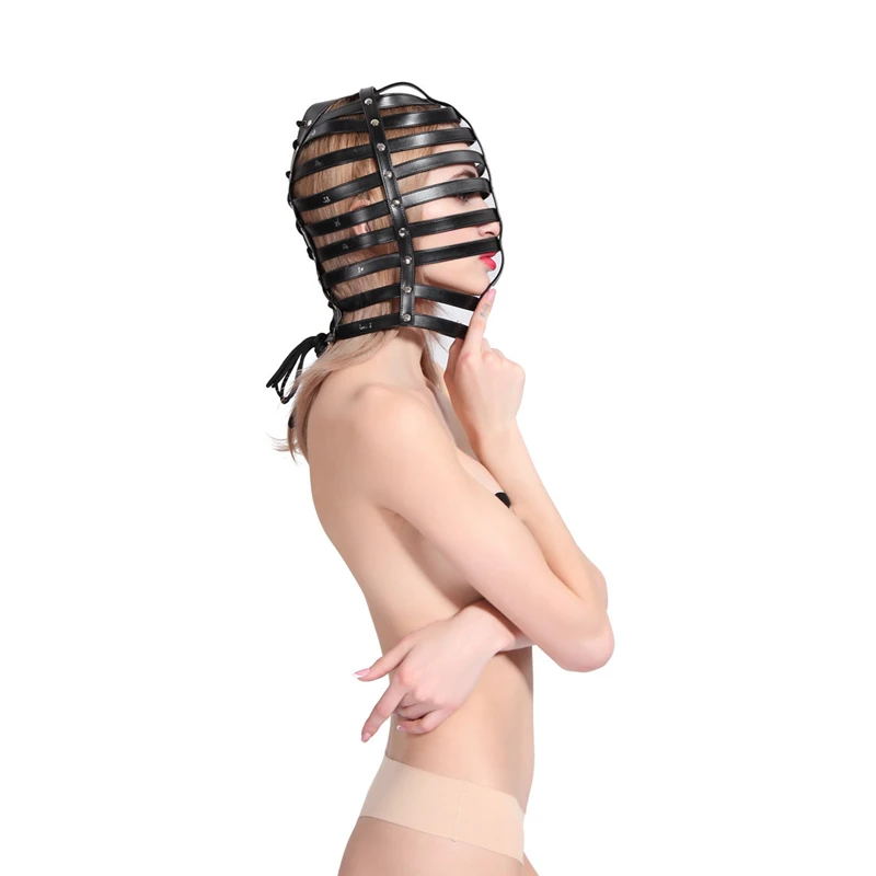 БДСМ сексуальная игрушка полый полосатый капюшон из ПУ кожи раб Косплей взрослые