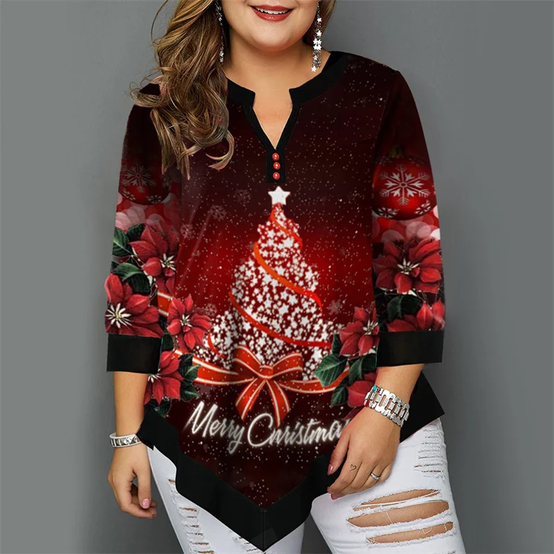 2022 Autumn Winter Women Plus Size Christmas Tree  Printed T Shirt Sexy V Neck Buttoned Irregular Hem Full Long Sleeve Tee Shirt