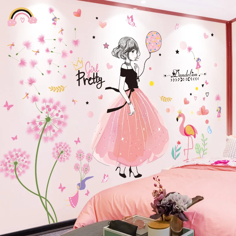 

Dandelion Flowers Wall Stickers DIY Cartoon Girl Wall Decals for Living Room Kids Room Kindergarten Nursery House Decoration