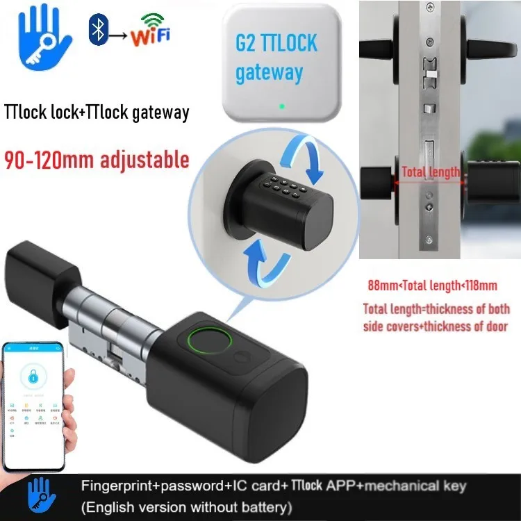 

TTLock/Tuya Bluetooth умный регулируемый цилиндрический замок с отпечатками пальцев с приложением/паролем/отпечатком пальца/картой/разблокировкой ключа легкая замена