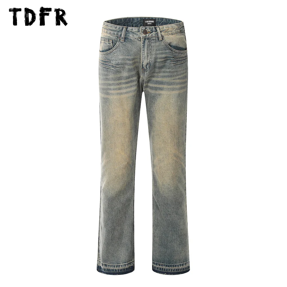 

Потертые рваные джинсы, мужские ретро брюки с необработанными краями, уличная одежда, свободные прямые джинсовые брюки, мужские брюки