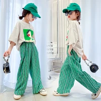 girls clothing set cartoon print t shirt green striped wide leg pants two pieces kids outfits casual summer trendy teen clothes