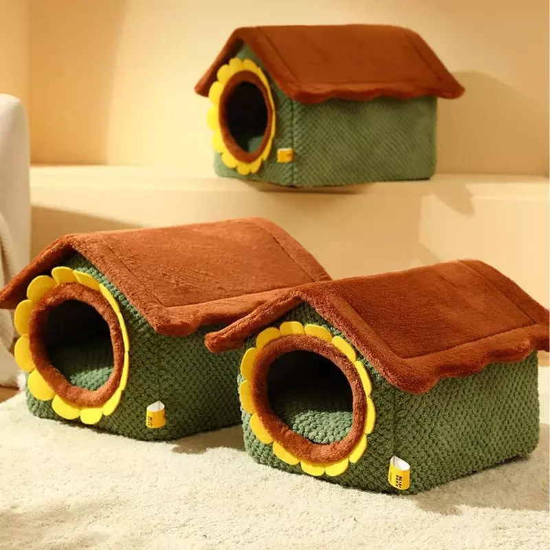 

Cute Sunflower Cat House Anti-slip Moisture-proof Winter Warm Cat Tent Pet Cave Bed For Indoor Outside Cats Small Dogs