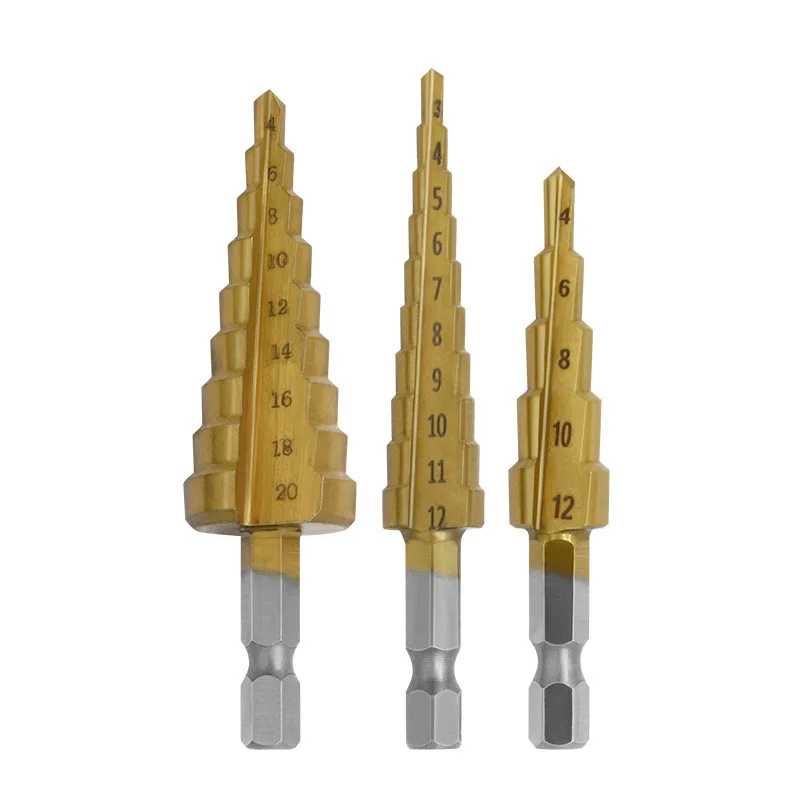 

3 шт., 3-12 мм, 4-12 мм, 4-20 мм, набор ступенчатых сверл из быстрорежущей стали с прямой канавкой, набор шестигранных сверл для дерева и металла с титановым покрытием, набор колонковых сверл